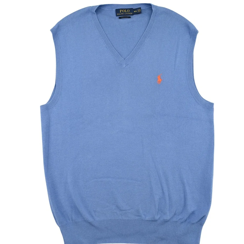 100% Pima Cotton Polo Ralph Lauren Men V-Neck Sweater Vest Blue Orange Pony M